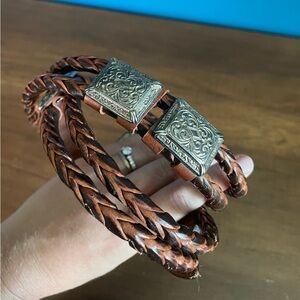 Fossil Womens Size L Tan Braided & Smooth Leather Belt Silver Accents + Buckle